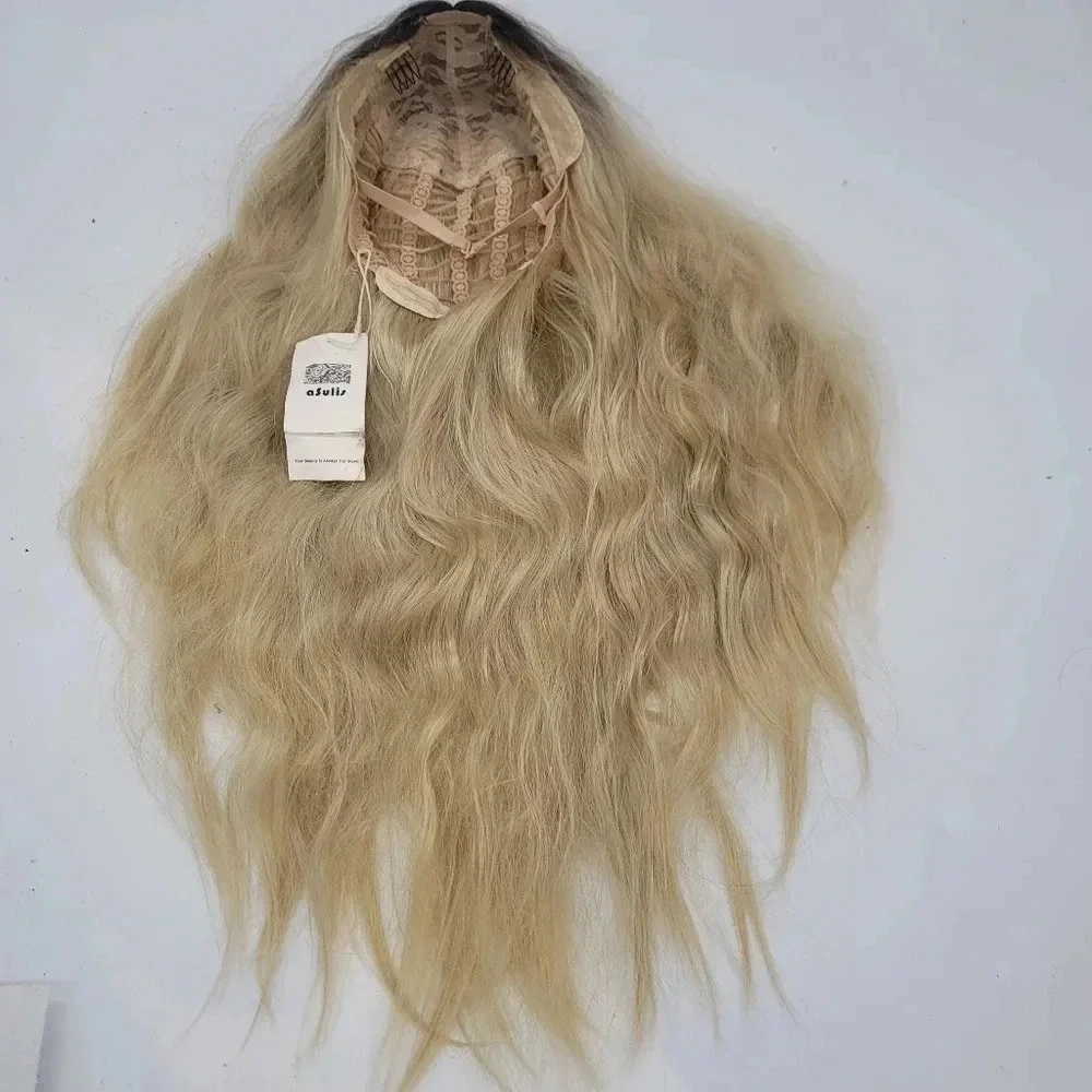 aSulis Natural Long Wavy Curly Wig Dark Roots Ombre Ash Blonde Wig Synthetic 28